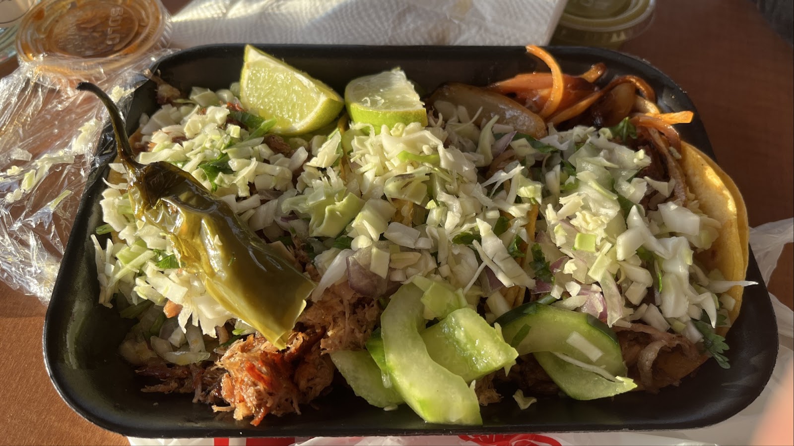Close-up of a food platter photographed at Guadalajara Street Tacos & Hotdogs
